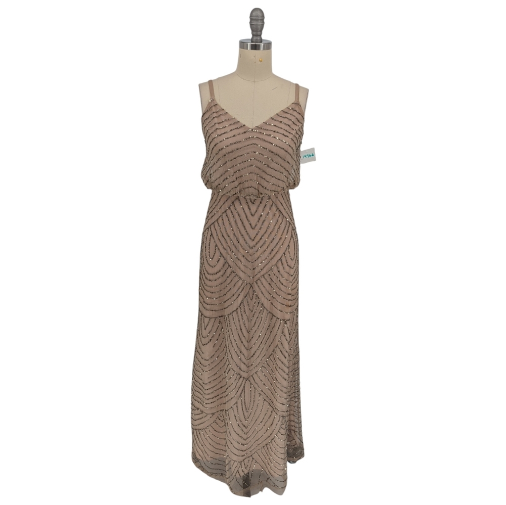 19966 NEW Adrianna Papell Sequin Maxi Dress Tann size 0 formal wedding holiday